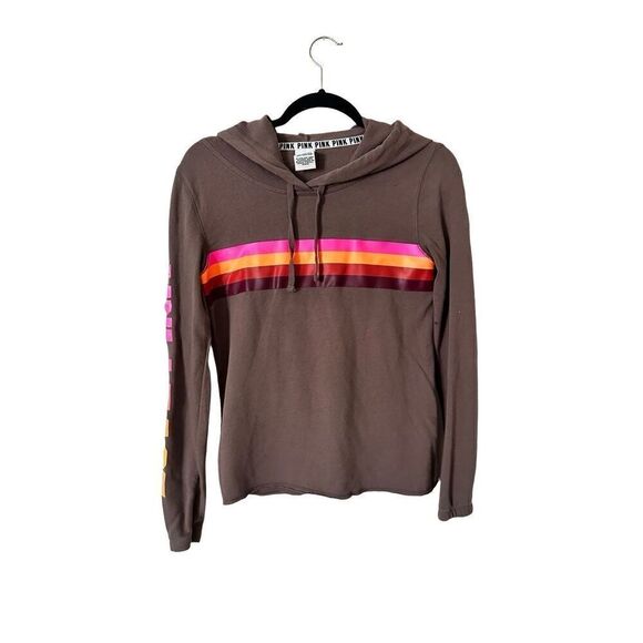 PINK Tan Hooded Sweatshirt with Pink, Orange & Red Stripes Size XS - Picture 1 of 6
